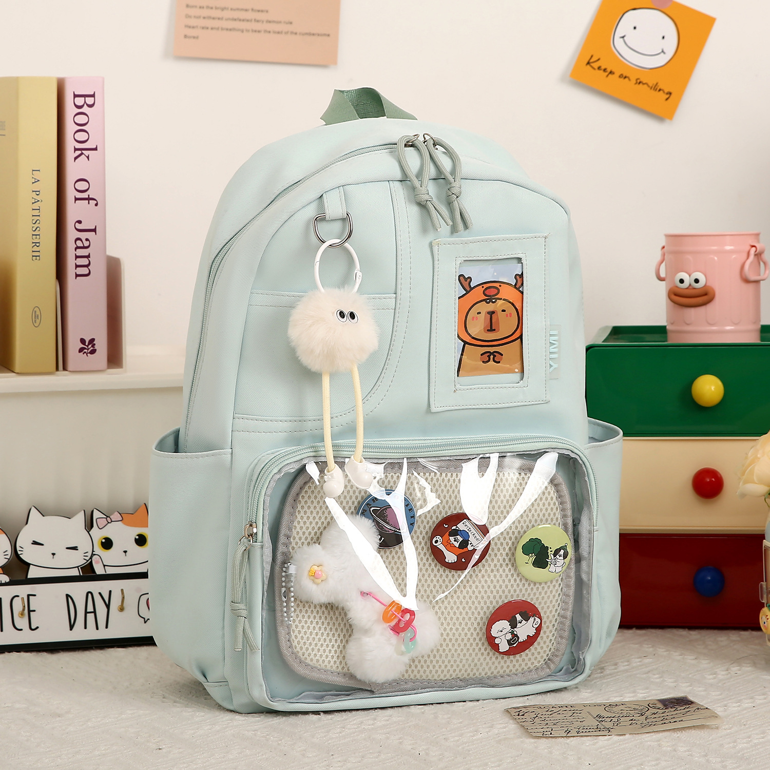 Large-capacity backpack, campus cute transparent pain-relieving bag, lightweight and load-reducing casual travel bag, college style class schoolbag details Picture