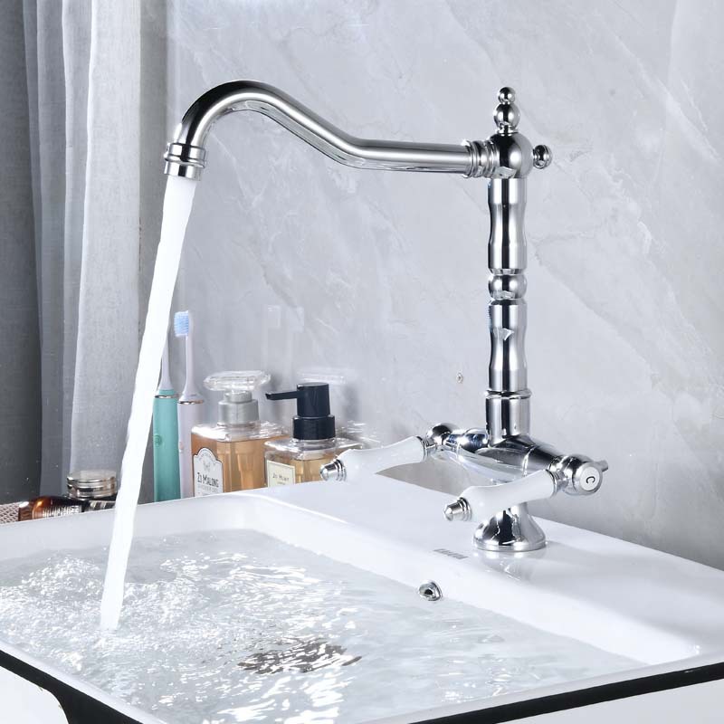 Export black antique cold and hot water faucets, washbasins, kitchen rotating faucets, antique chrome-plated double-handle faucets Item Picture