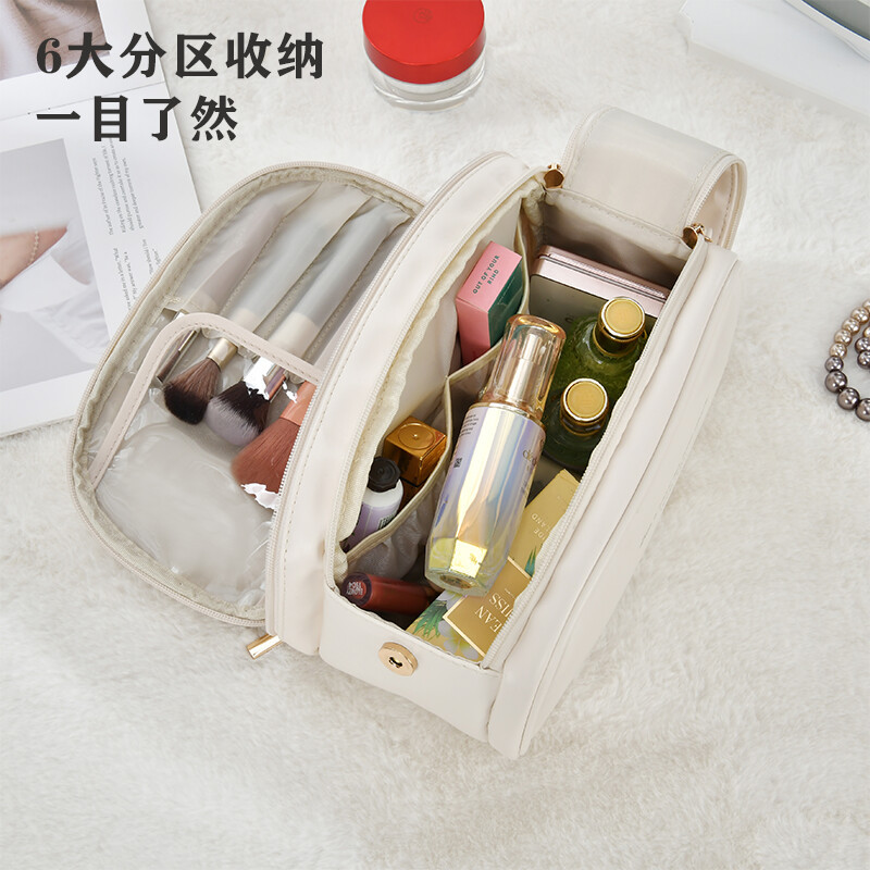 New PU hand-held cosmetic bag for travel storage, large capacity for cosmetics storage, double-zipper portable handbag details Picture
