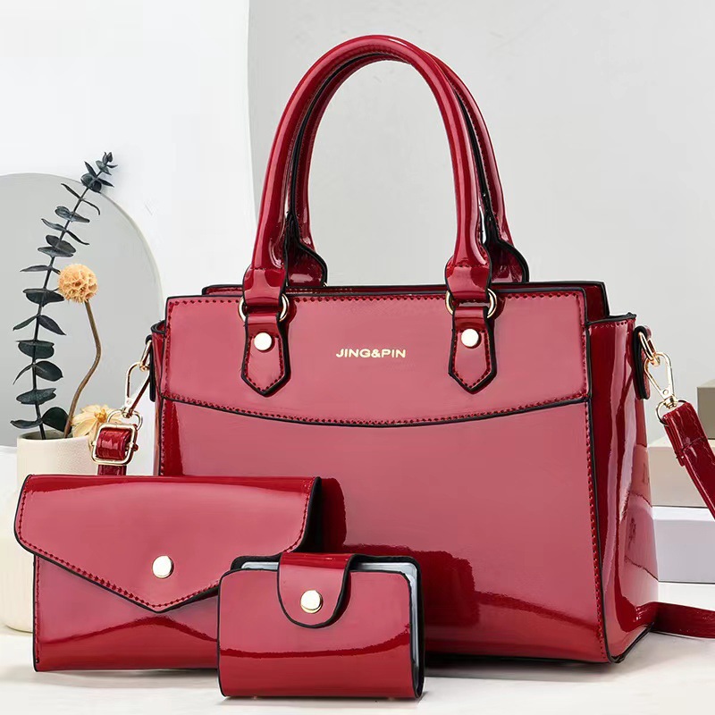 Shiny leather three-piece set 2023 new style fashionable, trendy and elegant middle-aged bag, mom's style bag, crossbody large capacity handbag full figure