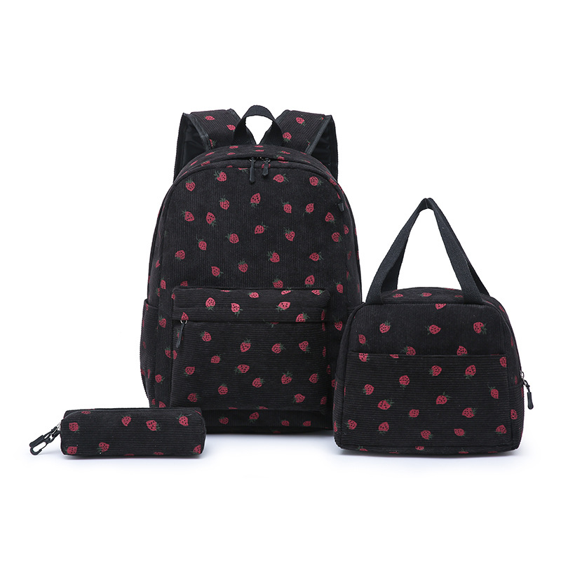 A fresh and artistic middle school backpack, an Instagram strawberry girl student backpack, a cute cartoon three-piece set of schoolbag details Picture