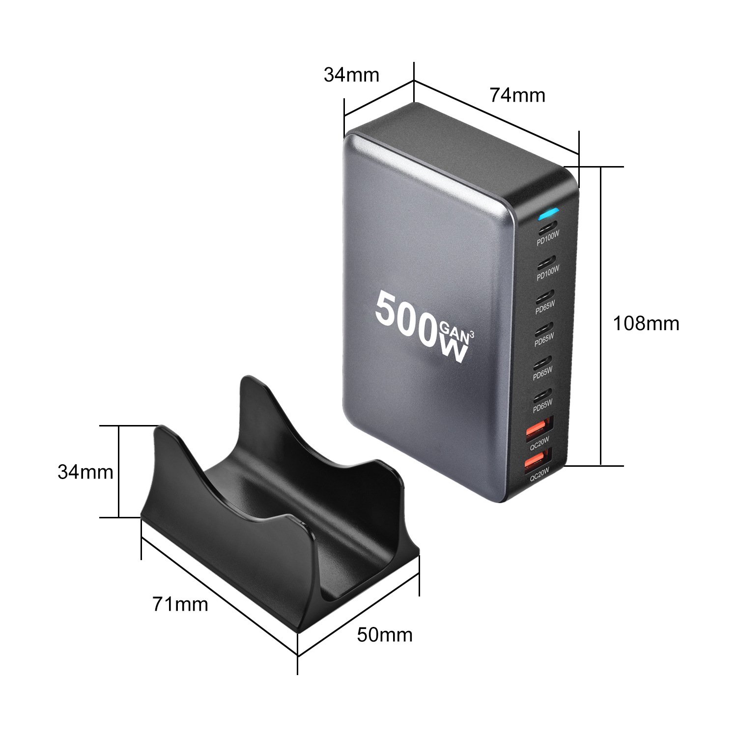 The new 500W gallium nitride PD charger, 6C2A multi-function charger, 8-port desktop charger, a cross-border bestseller, desktop charger Specification drawing