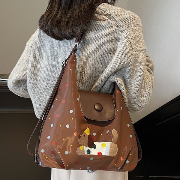 Autumn and winter chocolate puppy polka dot cloud bag, new school-style backpack for women, casual single-shoulder tote bag details Picture