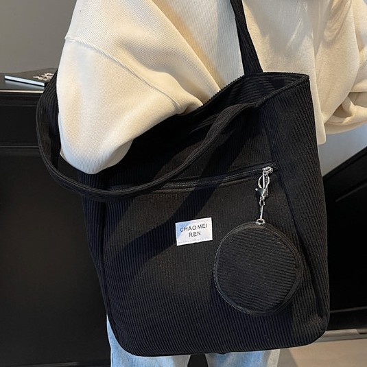 Casual large-capacity corduroy bag for women, 2024 new autumn and winter commuting single-shoulder bag, student class tote bag details Picture