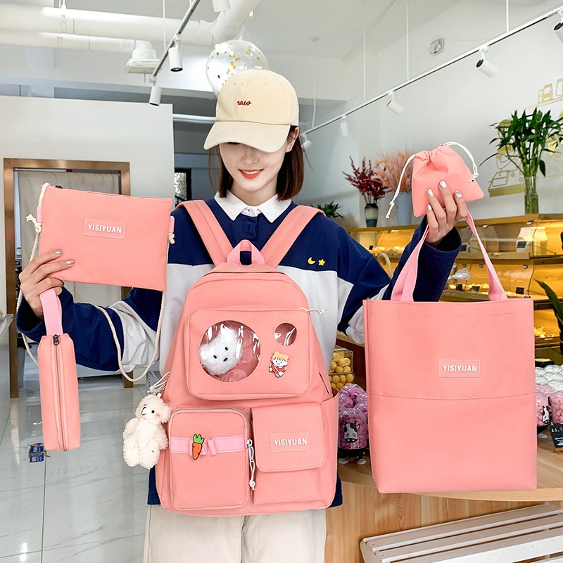 New Korean version bear doll girls' backpack five-piece set canvas junior high school girls' backpack Specification drawing