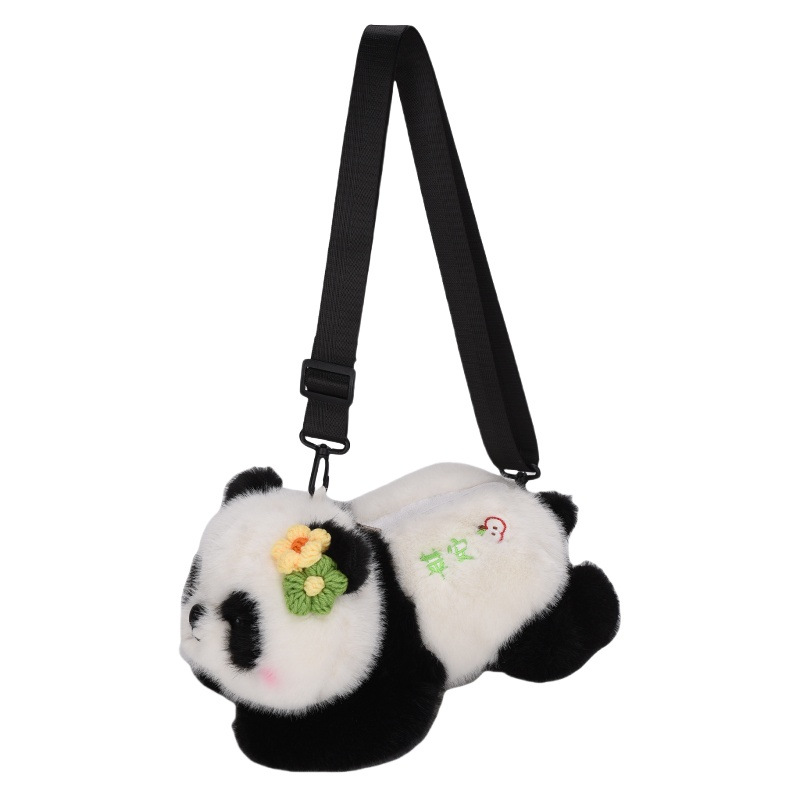 New cartoon flower panda single-shoulder crossbody backpack, large-capacity plush doll bag, claw machine doll exchange and wholesale Item Picture