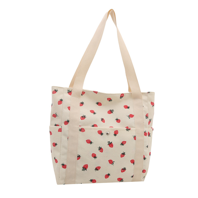 Laid-back style large-capacity corduroy strawberry bag, women's Instagram Korean version Harajuku single-shoulder bag, student tote bag for class Item Picture