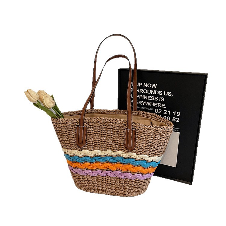 Color-blocking straw-woven bag for women, large capacity 2025 new style, fashionable single-shoulder underarm bag, beach commuting tote bag, cross-border Item Picture