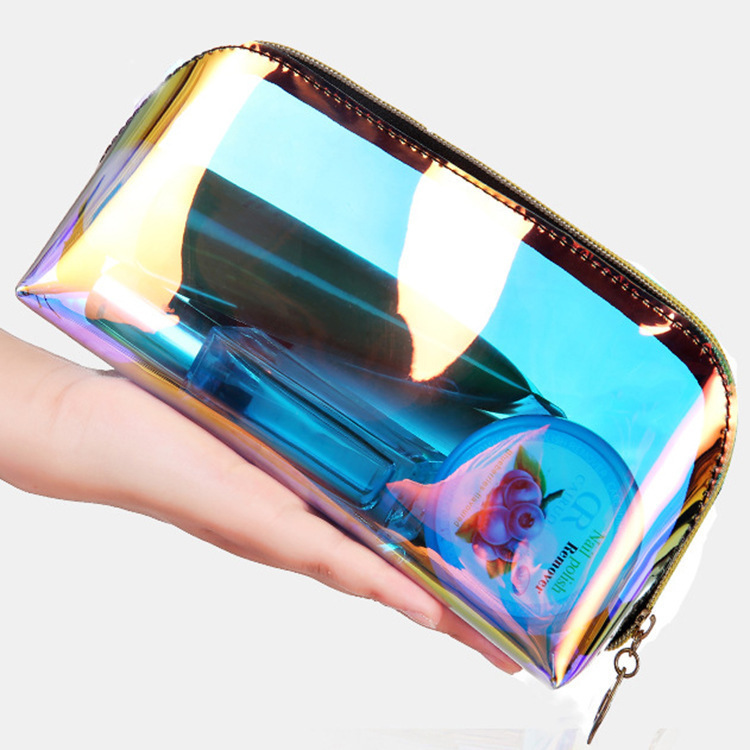 Waterproof laser makeup bag, portable TPU, ladies' hand-held colorful makeup bag, portable skin care product storage bag full figure