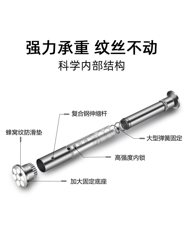 Non-perforated curtain rods, clothes drying rods, stainless steel shower curtain rods, telescopic support rods, Roman rods, hanging rods, indoor balconies details Picture