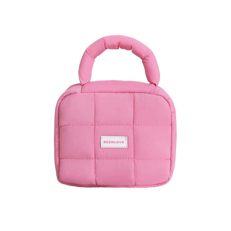 New puff square storage bag, macaron-colored soft hand-held makeup bag for girls, large-capacity waterproof toiletry bag Item Picture