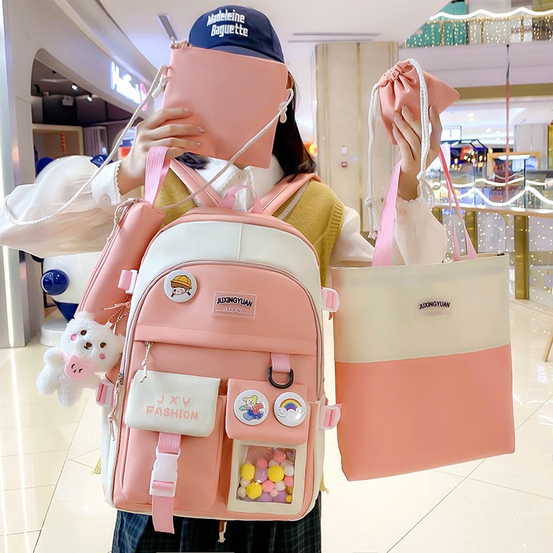 Five-piece set of Korean-style color-blocked and fresh school schoolbag, large-capacity nylon tutorial bag, backpack for primary and secondary school students, girls Specification drawing