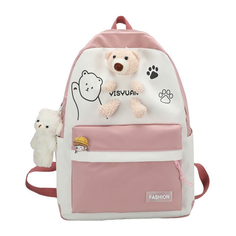 New large-capacity student backpack for girls, fashionable and simple nylon shoulder backpack, cartoon bear student backpack Item Picture