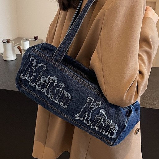 Korean washed denim casual women's bag 2024 new autumn trend letter handbag, retro shoulder bag full figure