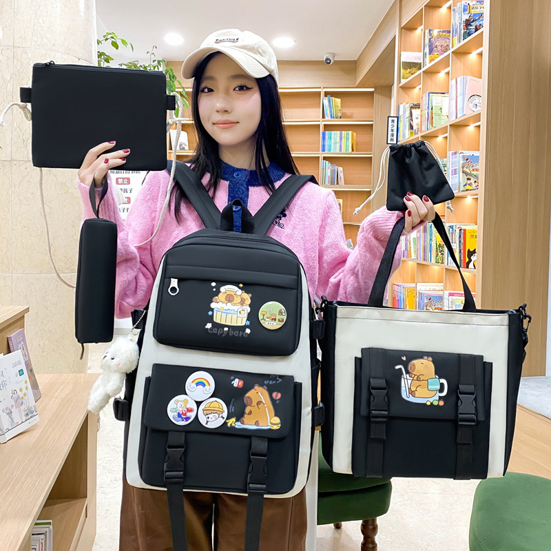 New Capibara canvas backpack for girls, cute and versatile, large-capacity five-piece set for primary and secondary school students Specification drawing
