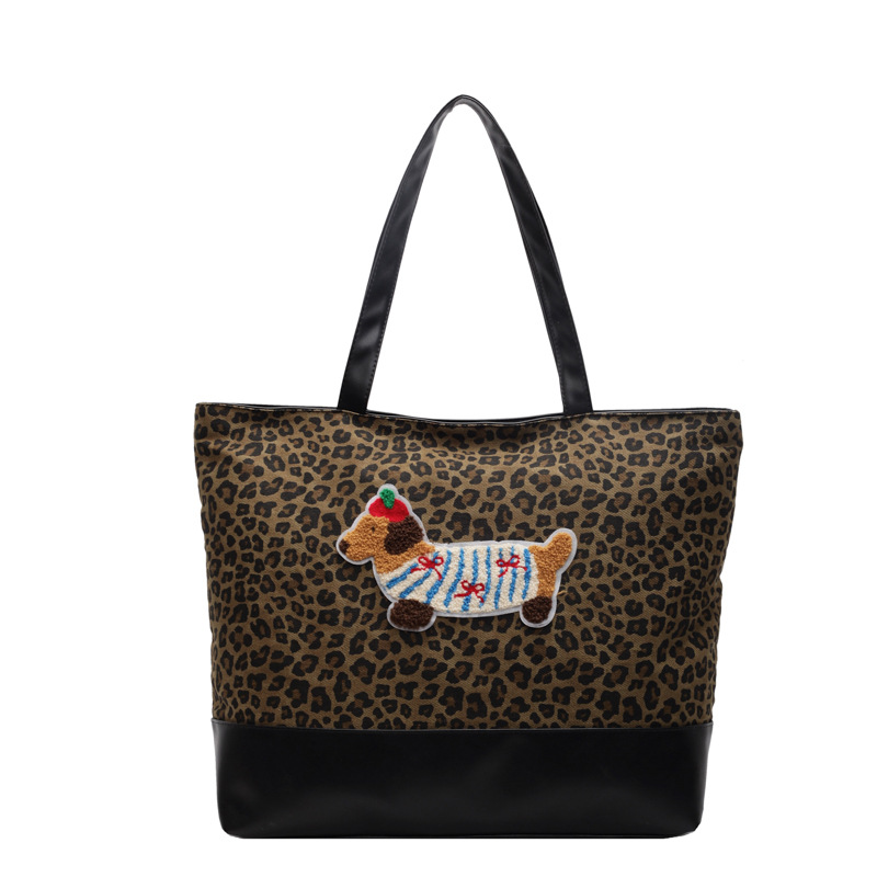 European and American retro style leopard print vertical tote bag, fashionable and cute sausage dog, British style student underarm single-shoulder bag Item Picture