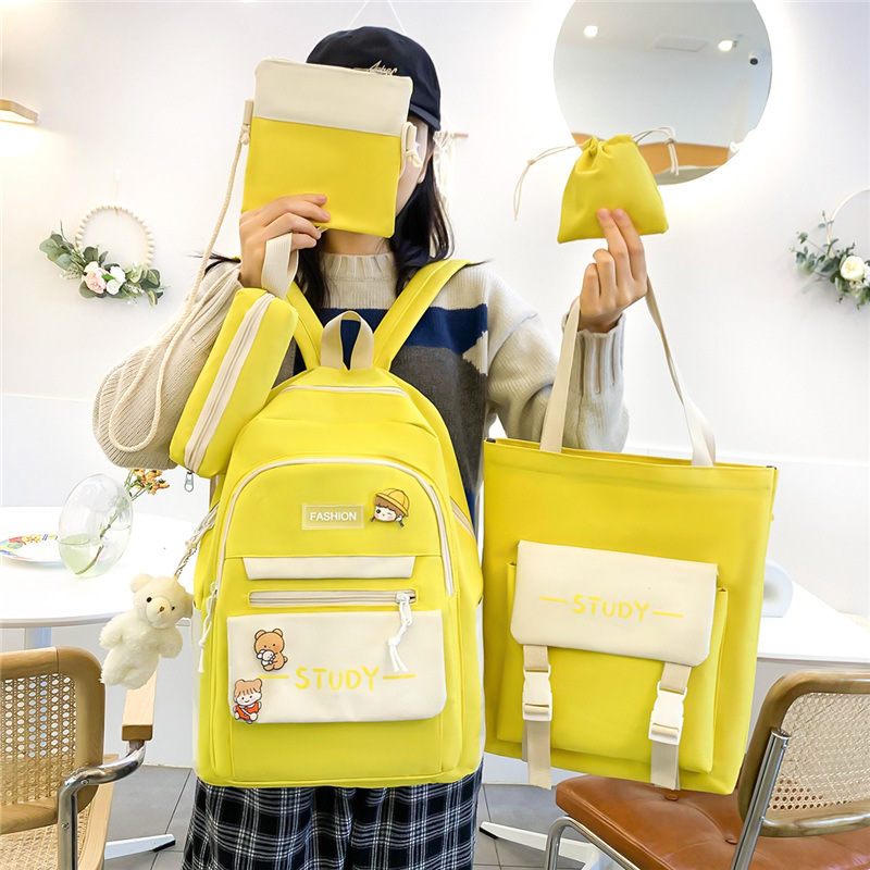 New letter canvas schoolbag for students, five-piece set, large-capacity Korean version ins campus girls' backpack Specification drawing