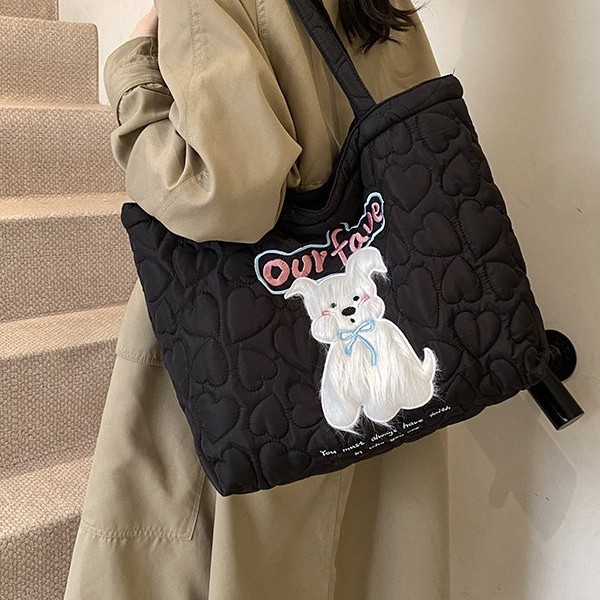 New autumn and winter girls' high-end casual and versatile style, cute little dog cotton bag, large capacity tote bag, single-shoulder bag for girls details Picture