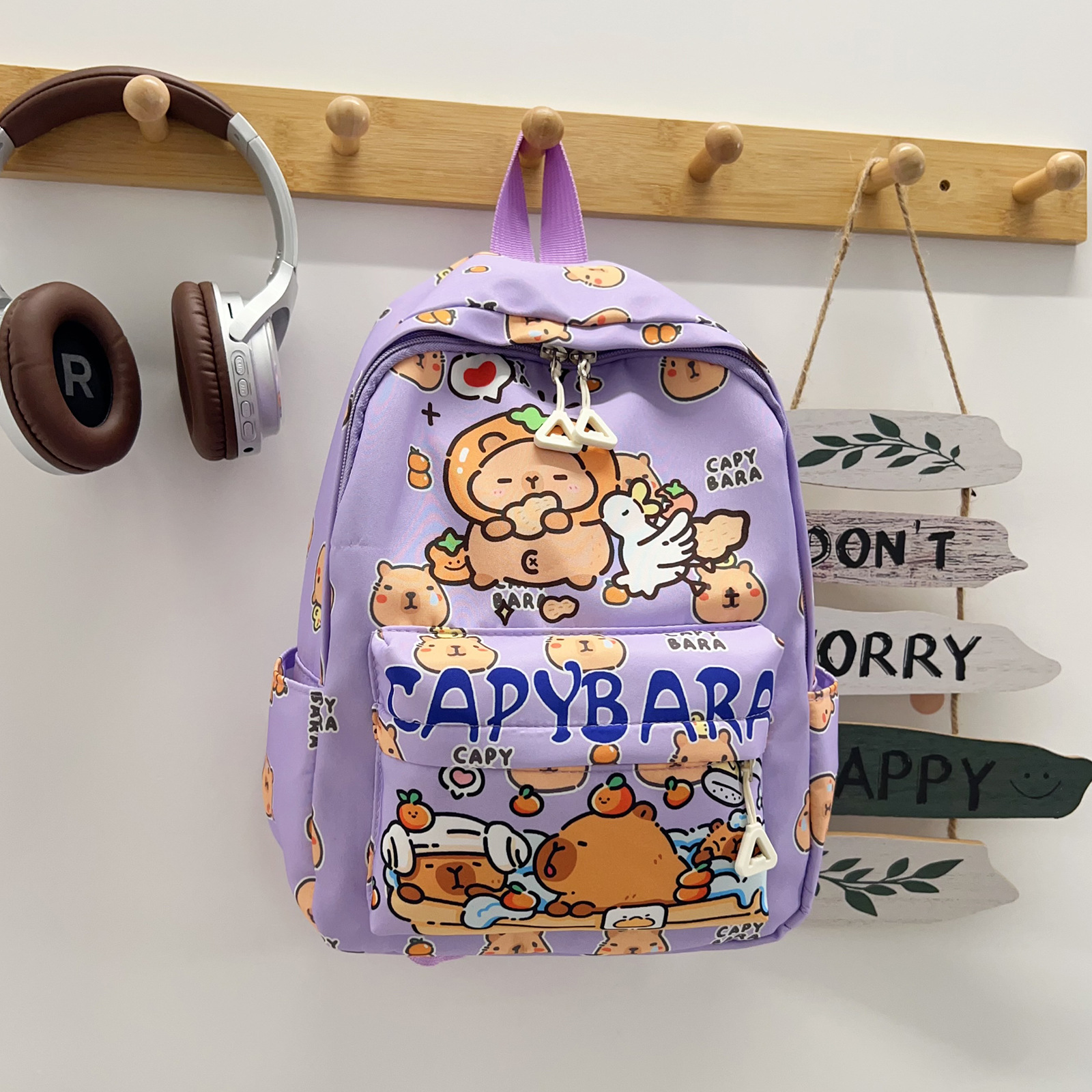 Capibala cute printed children's schoolbag, large-capacity lightweight backrest schoolbag, high appearance level trendy bag for girls' middle school students details Picture