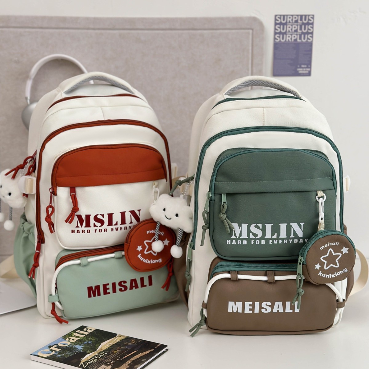 Korean retro color-blocking schoolbag, high-capacity backpack for girls, high school and middle school students, versatile travel backpack for junior high school students details Picture