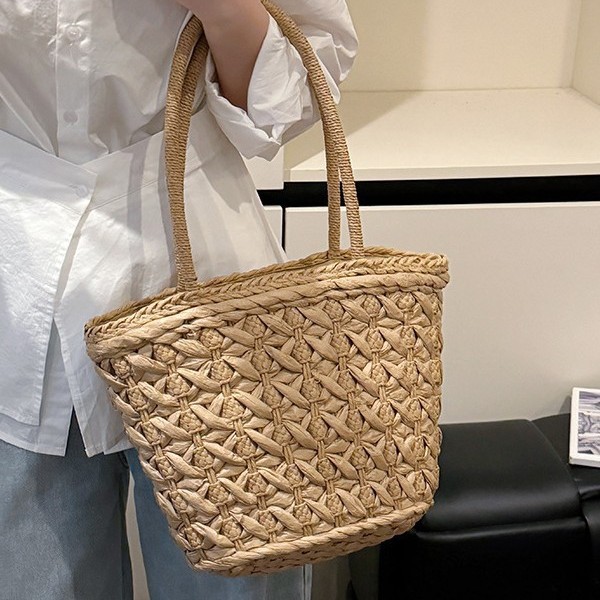French retro straw woven bag for women's spring and summer new seaside vacation beach woven bag, country style large capacity handbag Specification drawing
