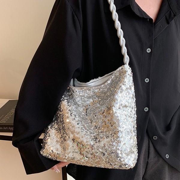 2025 Spring New sequined bucket Bag for Dinner, fashionable single-shoulder underarm bucket bag, Korean-style women's bag Specification drawing