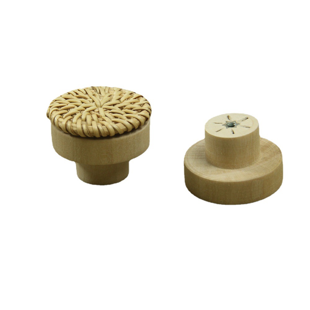 Rattan and rattan leaf woven round cake wooden handle hand-in-hand cabinet door rattan woven wooden handle single-hole natural wood color handle Item Picture