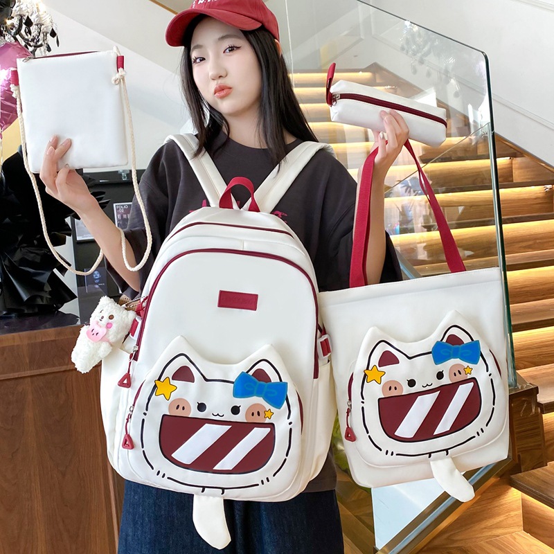 Four-piece schoolbag set, cartoon for girls, durable backpack for primary school students, high appearance level, cute cat for girls, junior high school student backpack details Picture