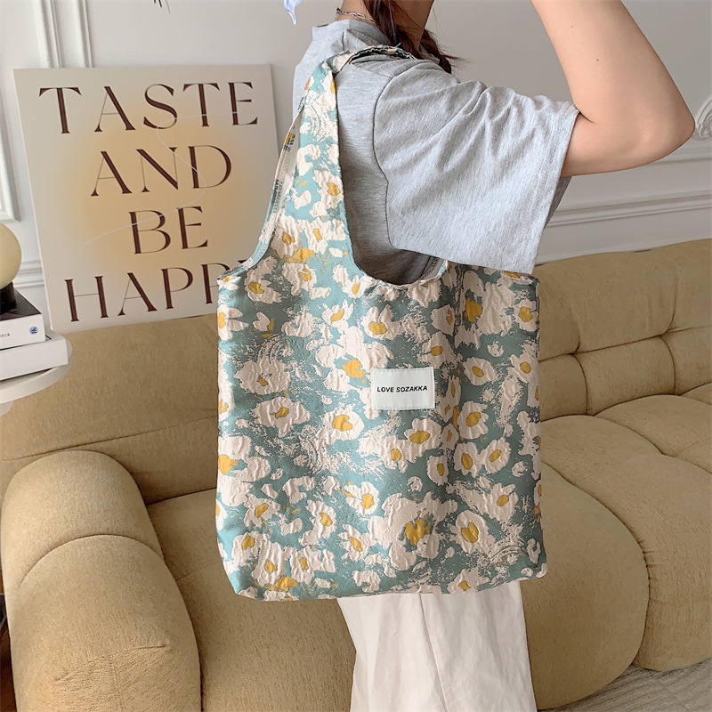 37262 large-capacity canvas bag for women, cute flowers, single-shoulder hand-held bag for college students' classes, shopping vest bag full figure