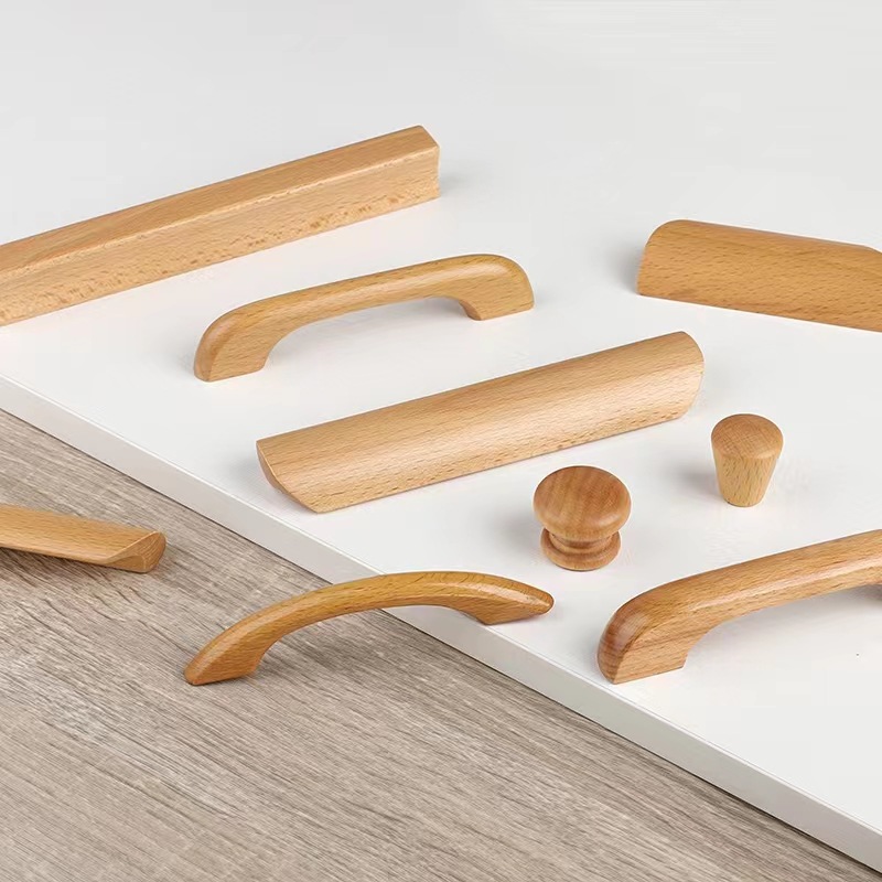 Modern and simple wardrobe door solid wood handle, drawer cabinet sub-handle, beech solid wood clear varnish color wooden small handle Specification drawing