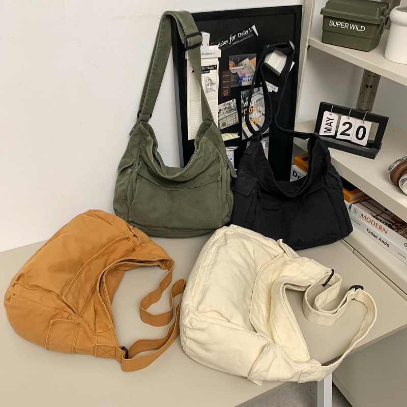 Japanese-style washed canvas bag, large-capacity single-shoulder bag for women, class bag for junior high school, senior high school and college students, workwear style crossbody bag Specification drawing