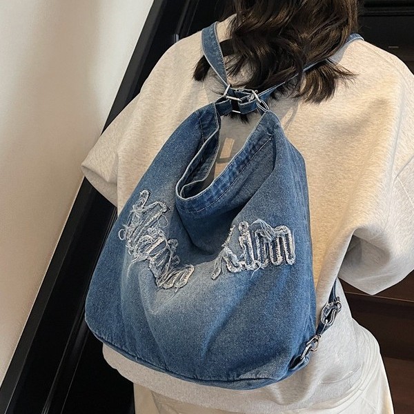 2025 New style pure beige retro fringed washed embroidered letter denim backpack, large capacity ins single-shoulder bag for women Specification drawing