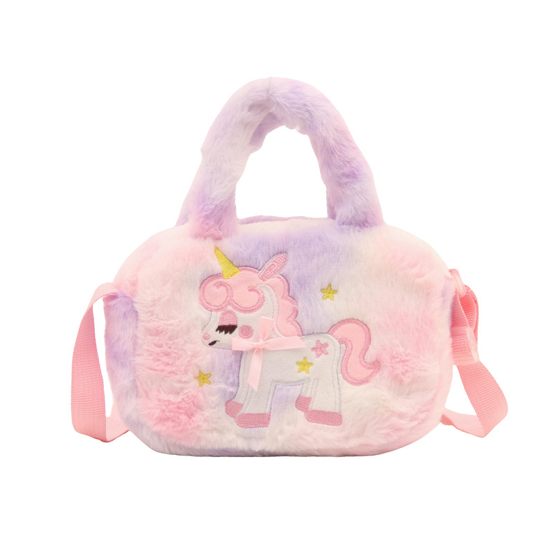 New cartoon unicorn fleece single-shoulder handbag, cute square plush doll bag for kindergarten boys and girls Item Picture