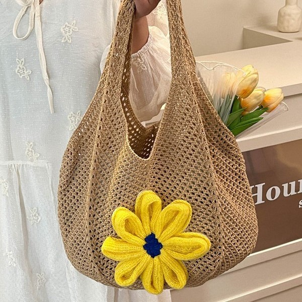 Woven patchwork bag, single-shoulder bag, Daisy wool crochet, fresh and light beach bag, hollowed-out fashionable new underarm bag Specification drawing