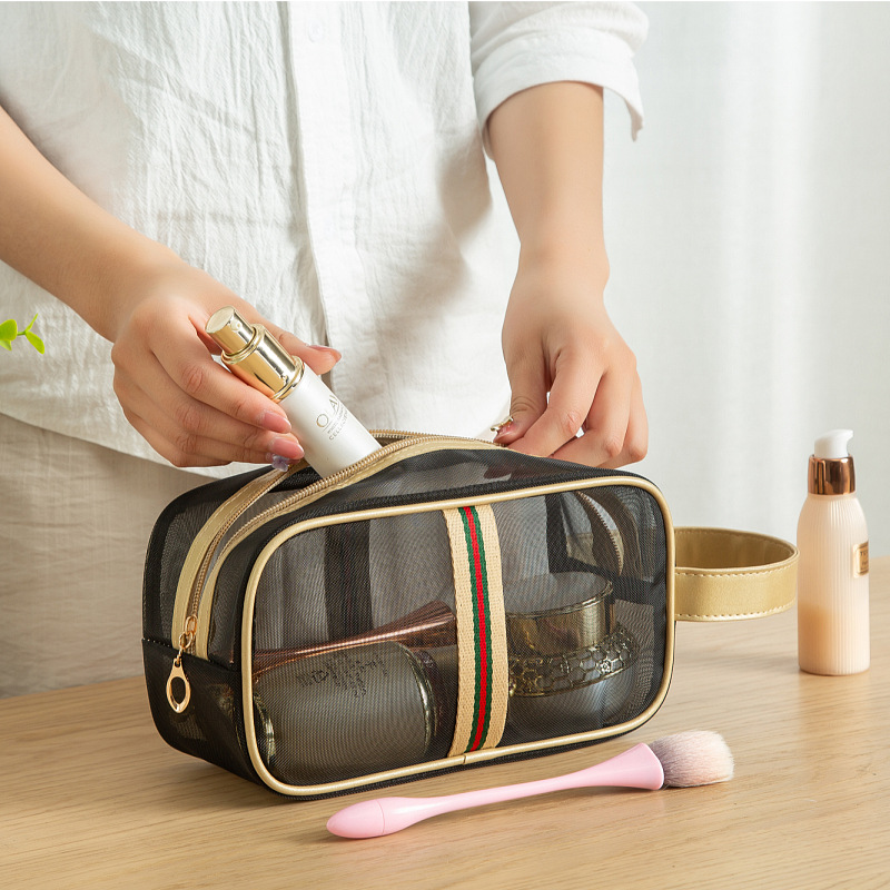 Korean-style mesh hand-held storage toiletries and makeup bag, large-capacity travel transparent bag, portable and breathable toiletries storage bag full figure