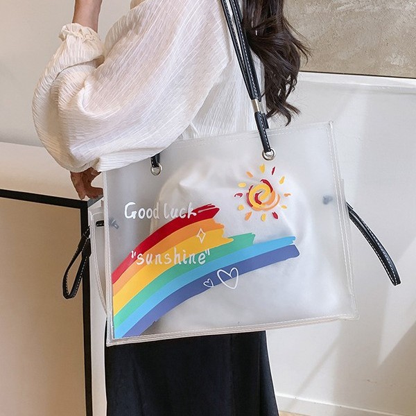 Spring/Summer 2025 handbags: ins Girls' Heart Waterproof transparent cartoon handbag, beach bag, fashionable new single-shoulder bag Specification drawing