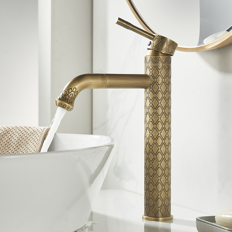 European-style all-copper retro carved faucet, antique washbasin faucet, washbasin, hot and cold water basin, high-end copper material full figure