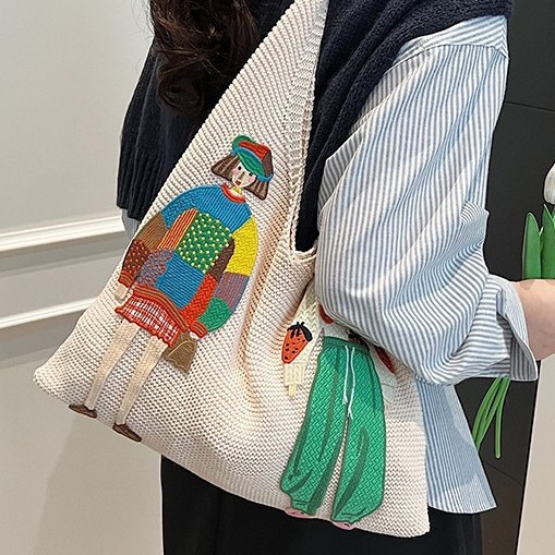 Cute and girlish rainbow bag, knitted bag, large-capacity tote bag, student vest bag, trendy woolen bag for girls Specification drawing