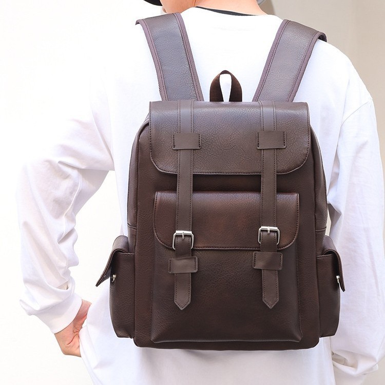 Cross-border men's simple and retro business computer bag, new soft pu trendy travel large-capacity backpack details Picture