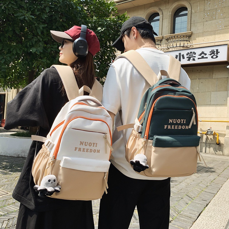 Fashionable Korean-style couple casual backpack, convenient large-capacity color-block travel backpack, storage bag, college student schoolbag full figure
