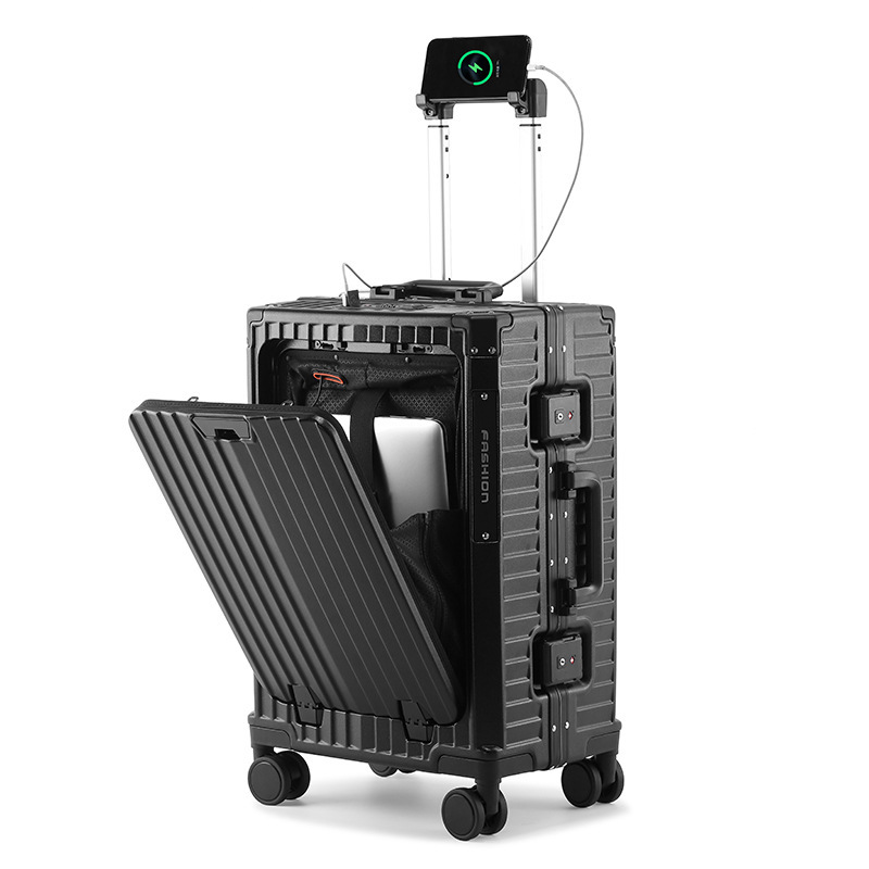Front-opening PC aluminum frame trolley case, hard shell case, multi-functional leisure travel case, 20-inch carry-on case, student suitcase Application Scenario