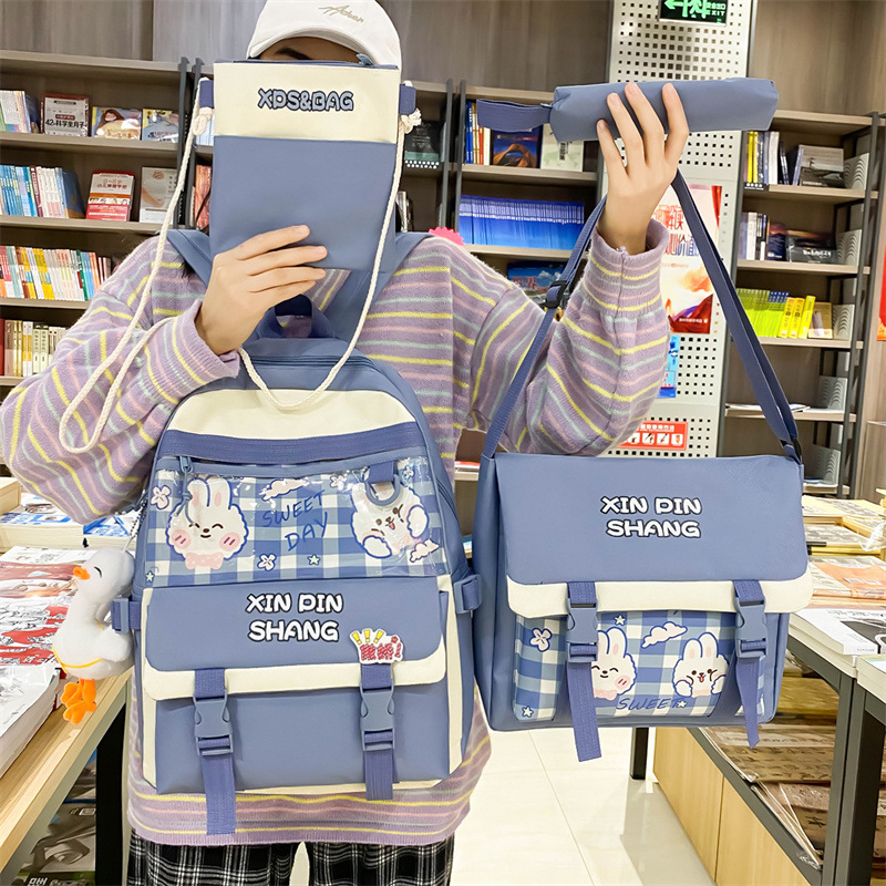 Wholesale of 4-piece sets of Korean checkered backpacks for girls, primary and middle school students, tutorial bags, and back-to-school season backpacks details Picture