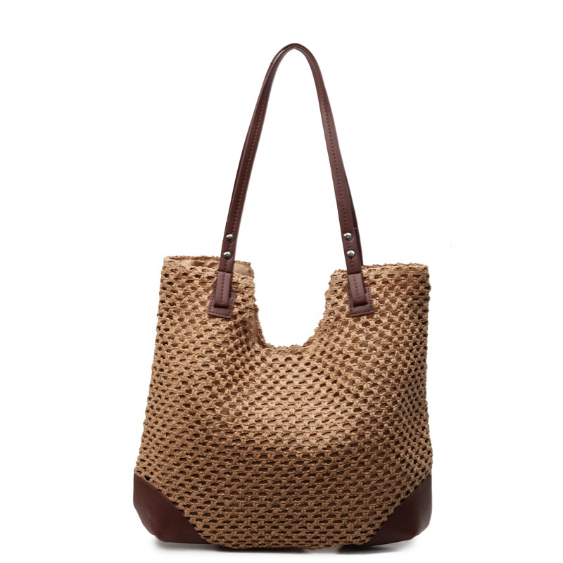 Cross-border woven straw weaving color-blocking tote bag, niche design, single-shoulder bag, large bag, women's large-capacity hollowed-out underarm bag Item Picture
