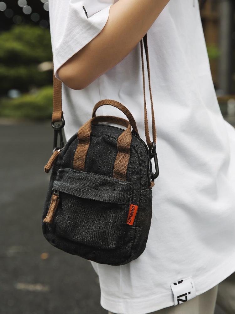 Denim small backpack, Japanese retro crossbody bag, solid color simple single-shoulder phone bag, casual summer small square bag full figure