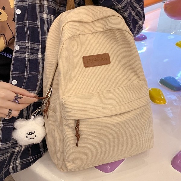 Corduroy lightweight and wear-resistant university backpack, fashionable and simple, large-capacity student schoolbag, solid color cute backpack full figure
