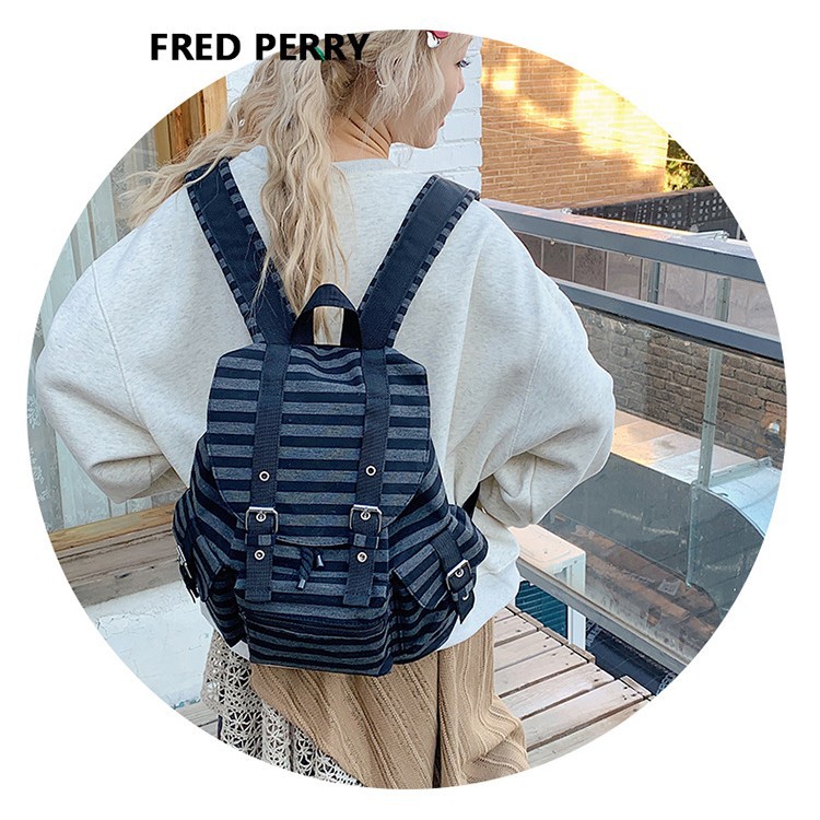 2024 New student schoolbag, Korean niche style retro striped backpack, large-capacity casual backpack full figure