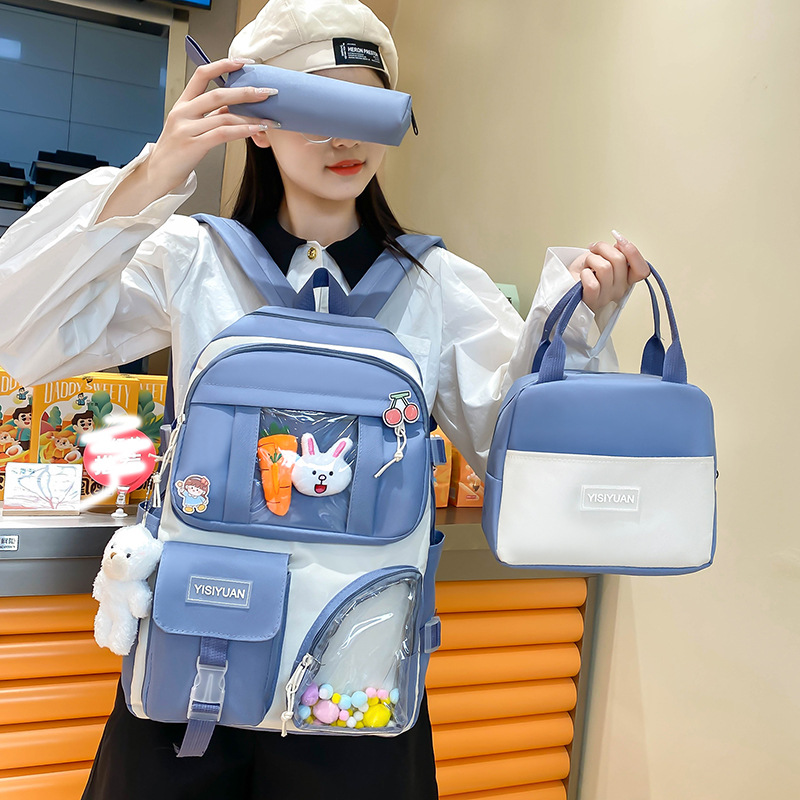 The new cross-border canvas backpack for girls, a fresh and color-blocking three-piece set, is a trendy school backpack for junior and senior high school students Specification drawing