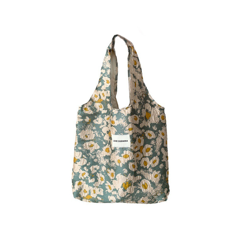 37262 large-capacity canvas bag for women, cute flowers, single-shoulder hand-held bag for college students' classes, shopping vest bag Item Picture
