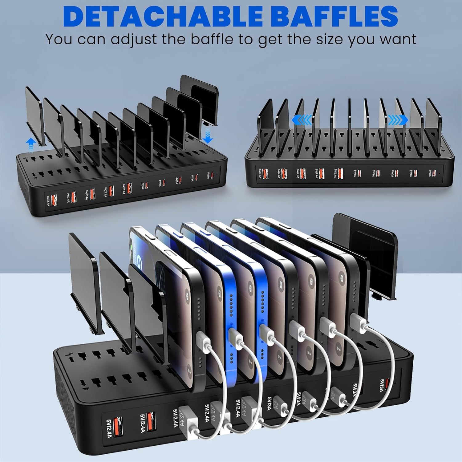 10-position desktop storage stand, USB charger, PD tablet and mobile phone universal desktop stand, 10-position stand Specification drawing