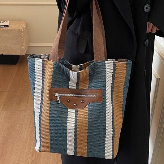 Autumn and winter versatile canvas large bag for women, 2024 new style fashionable striped tote bag, casual commuting single-shoulder armpit bag Specification drawing